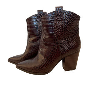 Western Gibson Latimer Leather Croc Skin Style Brown Heeled Booties, Women's 6.5